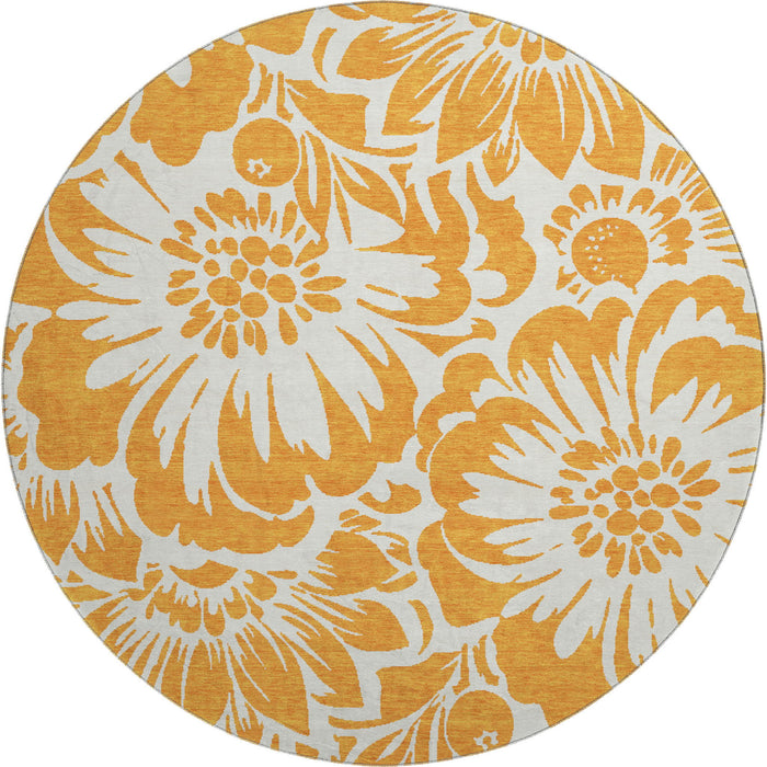 8' Floral Washable Round Rug With UV Protection (648673) - Orange / Ivory