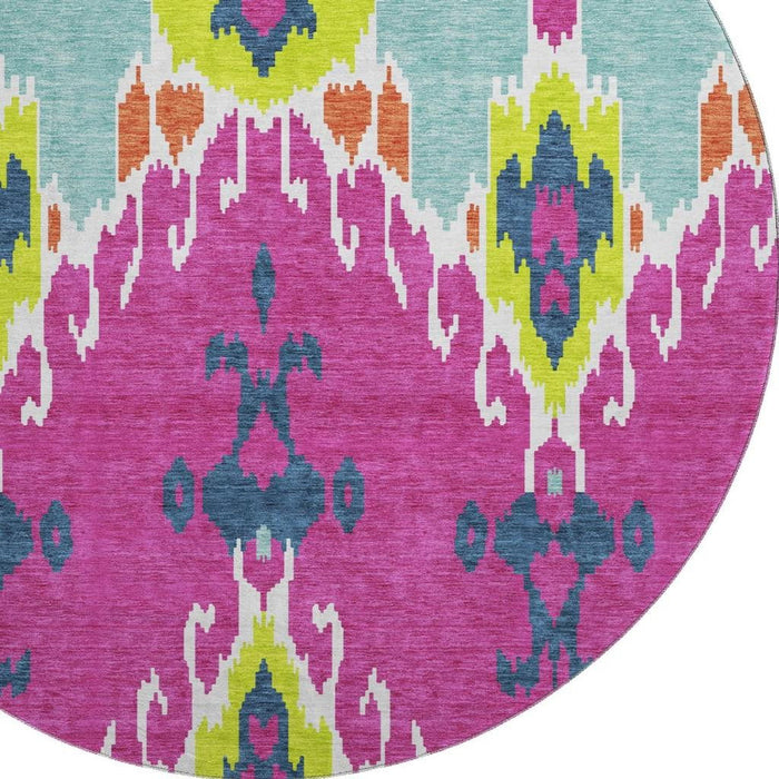 8' Ikat Washable Round Rug With UV Protection - Pink