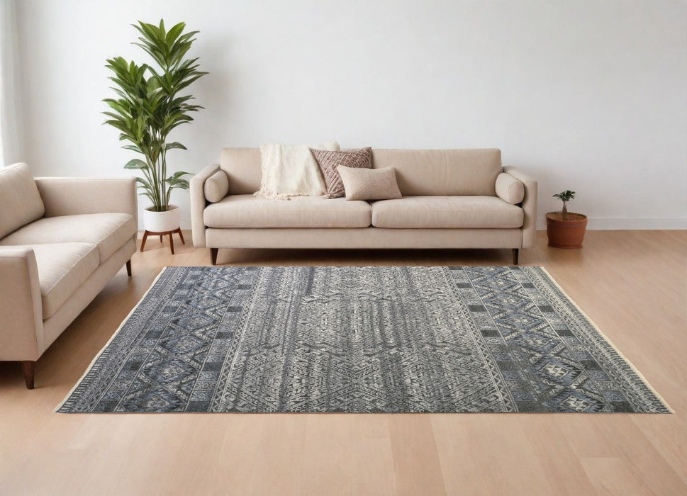 6' x 9' Geometric Hand Knotted Area Rug - Gray Ivory And Blue