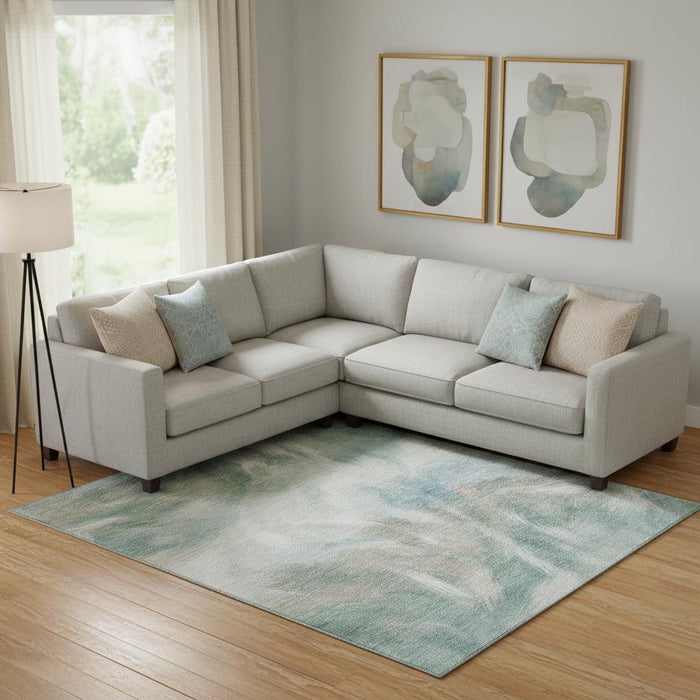 10' X 14' Abstract Washable Area Rug With UV Protection (717693) - Sky Blue / Ivory