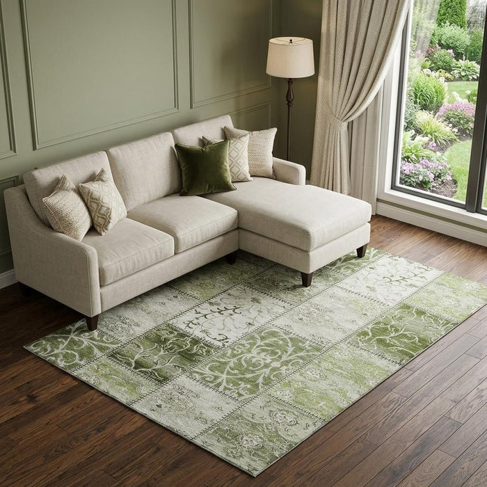 8' X 10' Patchwork Distressed Washable Area Rug With UV Protection (649574) - Green / Ivory