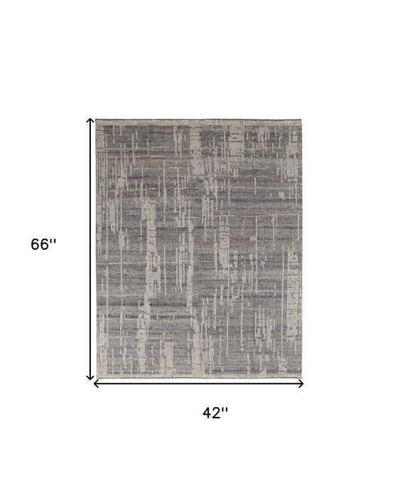 4' x 6' Wool Abstract Hand Knotted Worn Faded Area Rug - Gray And Ivory