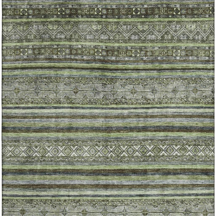 10' X 14' Striped Washable Area Rug With UV Protection (695810) - Olive Green / Gray / Silver