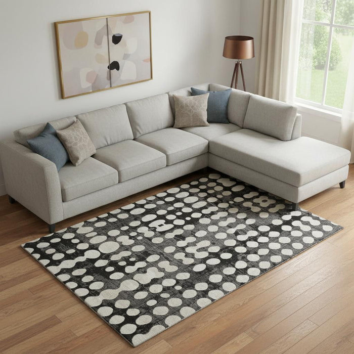 10' X 14' Polka Dot Washable Area Rug With UV Protection (669096) - Black / Ivory