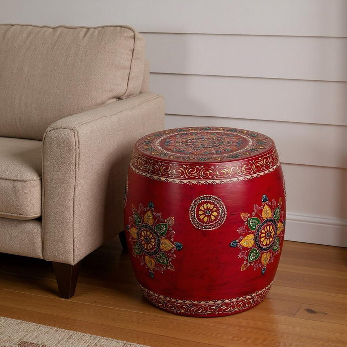 18" Iron Hand Painted Floral Round Drum End Table - Red