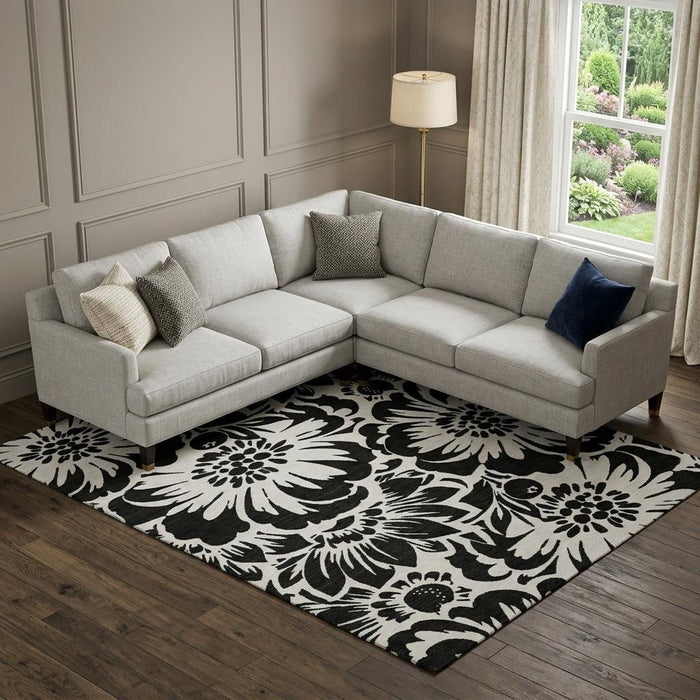 9' X 12' Floral Washable Area Rug With UV Protection (648621) - Black / Ivory