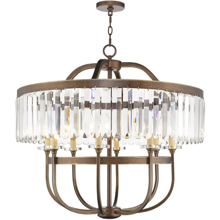 HomeRoots 30-inch bronze metal chandelier with eight clear shades and dimmable lighting, featuring a modern chandelier design.