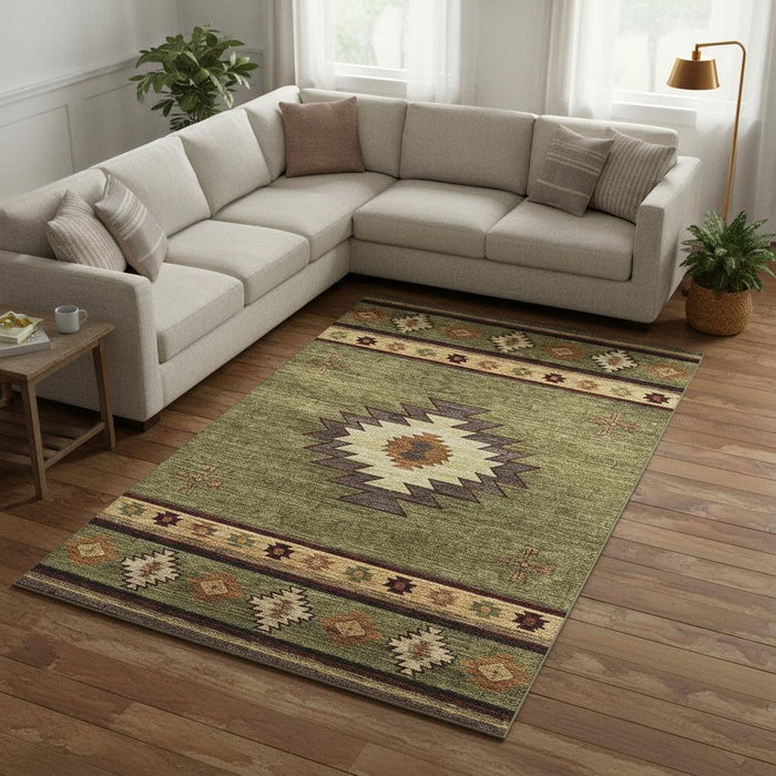 10' X 14' Geometric Washable Area Rug With UV Protection (645678) - Green / Beige / Brown