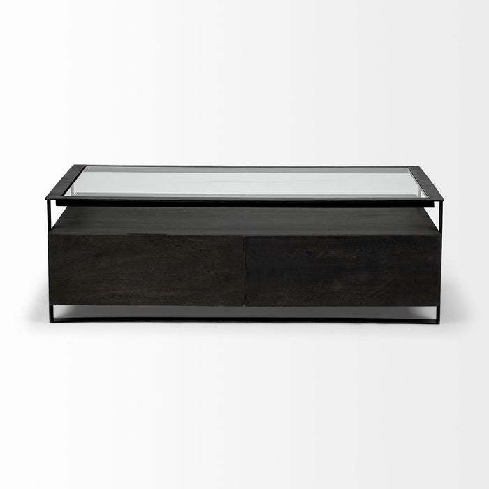 Glass Rectangular Coffee Table With Four Drawers Shelf - Clear / Black