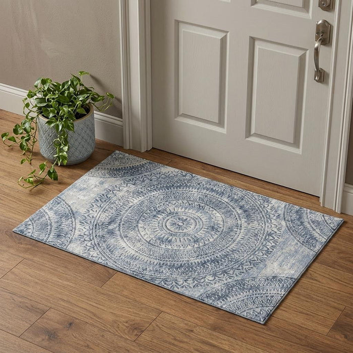 3' X 5' Medallion Washable Area Rug With UV Protection (644905) - Blue / Ivory