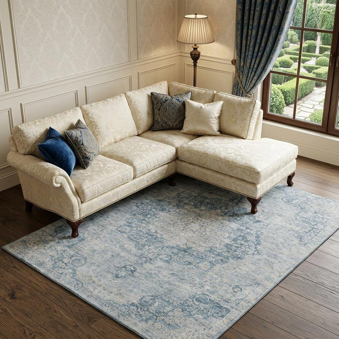 10' X 14' Floral Washable Area Rug With UV Protection (692292) - Blue / Ivory