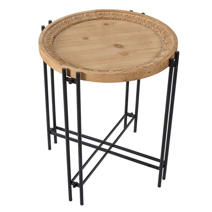 Black and brown Giga round side table with wood top, ideal for living room or bedroom as a stylish end table.