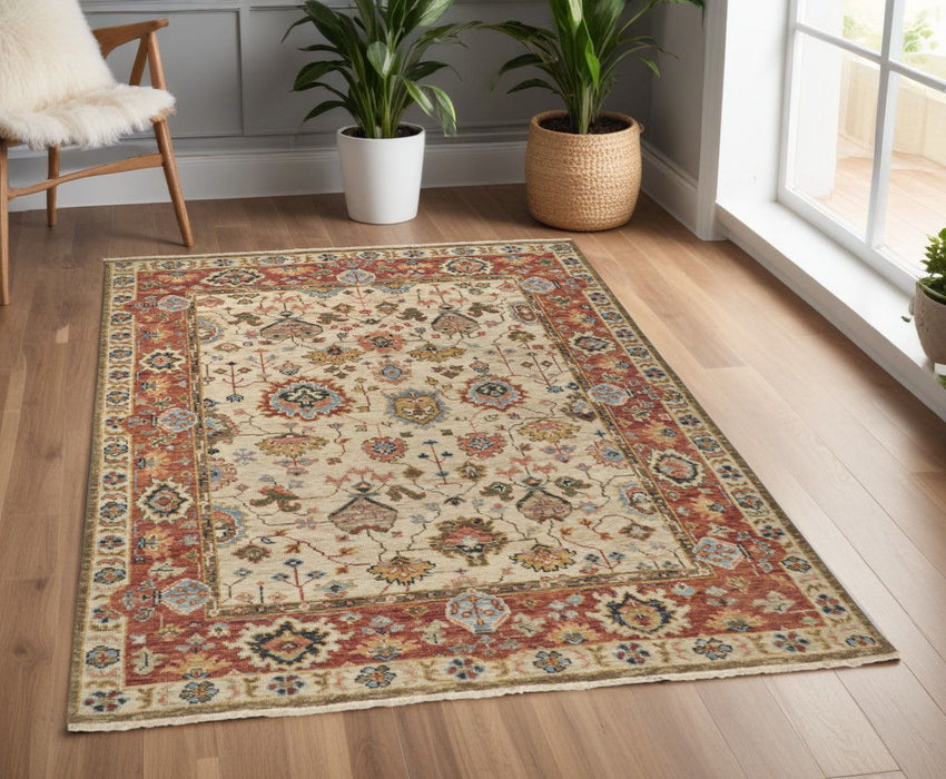 4' x 6' Wool Floral Hand Knotted Stain Resistant Area Rug - Ivory Red And Blue