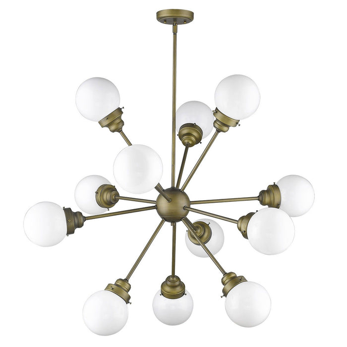 HomeRoots Sputnik twelve-light chandelier with frosted metal and off-white shades in bronze and white, featuring dimmable lighting.