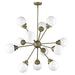 HomeRoots Sputnik twelve-light chandelier with frosted metal and off-white shades in bronze and white, featuring dimmable lighting.