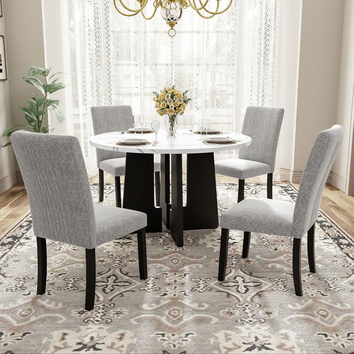 Giga 5-piece round dining table set with four upholstered chairs in white and gray for dining, kitchen, or living room.