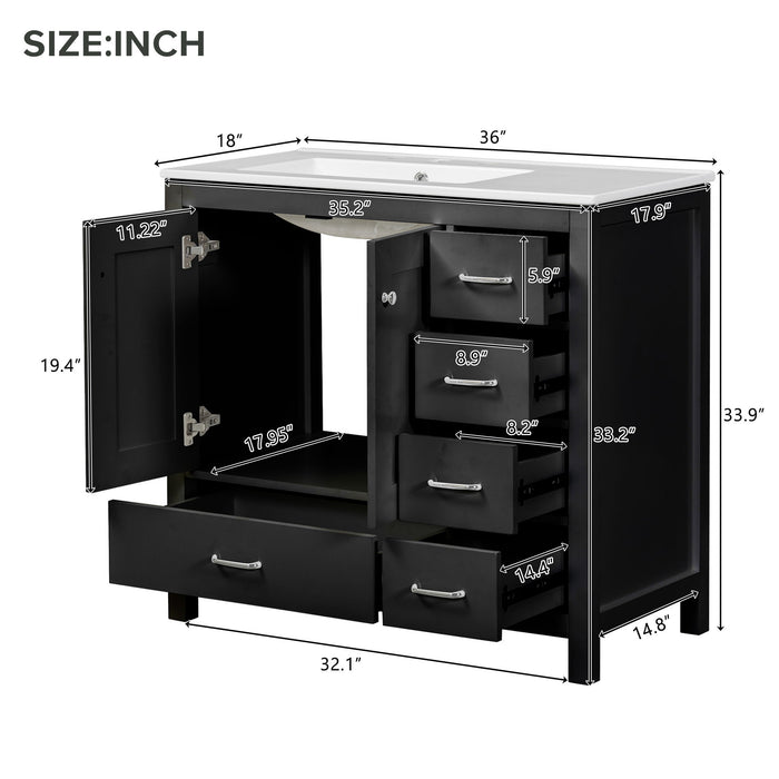 Giga bathroom vanity with ceramic sink, storage cabinet, two soft-close doors, and five drawers for organized bathroom storage