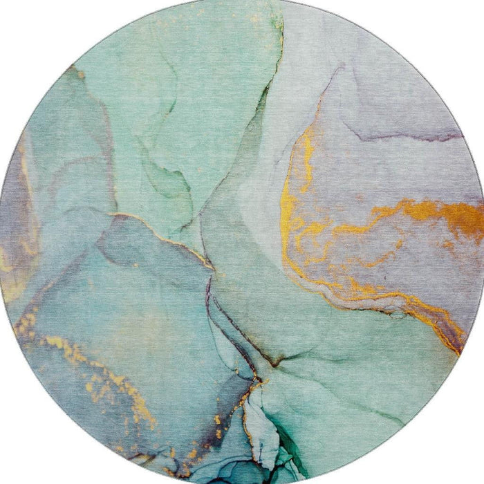 8' Abstract Washable Round Rug With UV Protection (646843) - Teal / Gold / Ivory