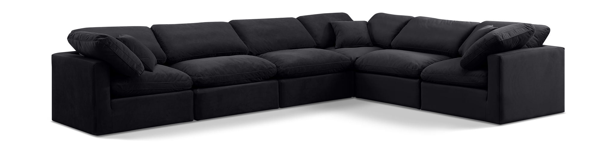 Velvet Meridian Furniture Indulge 6-piece modular corner sectional sofa with plush cushions and modern design in a stationary sectional style.