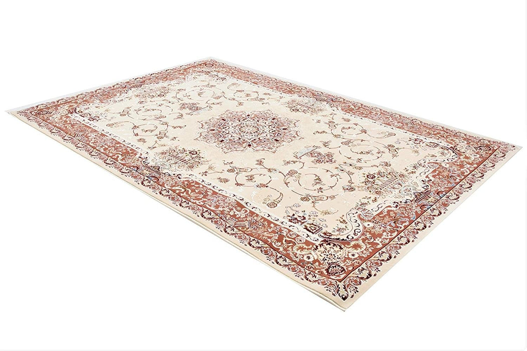 8' x 11' Oriental Power Loom Area Rug - Orange And Ivory