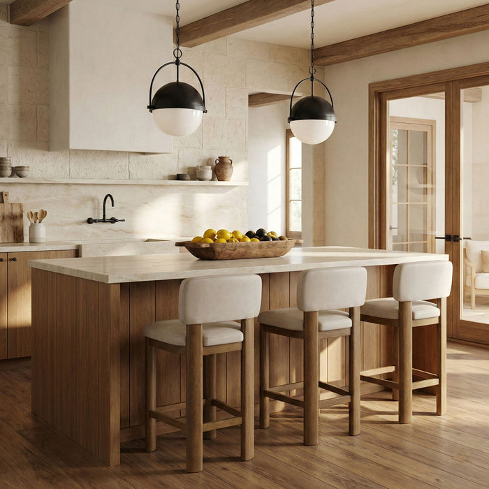 Set of two Meridian Furniture Paloma faux leather counter stools with brown frames, upholstered seats, and a modern design.
