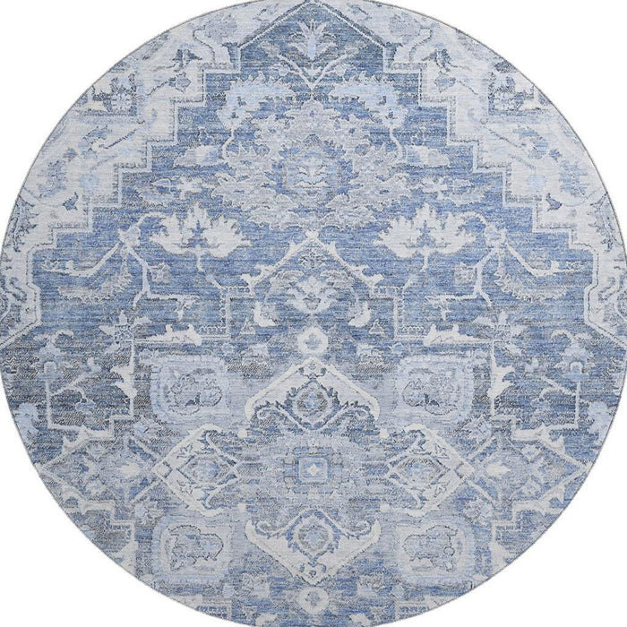 8' Floral Medallion Washable Round Rug With UV Protection - Denim Blue