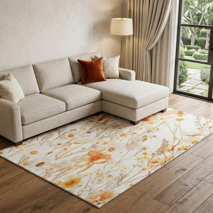 10' X 14' Floral Washable Area Rug With UV Protection (694062) - Ivory / Orange