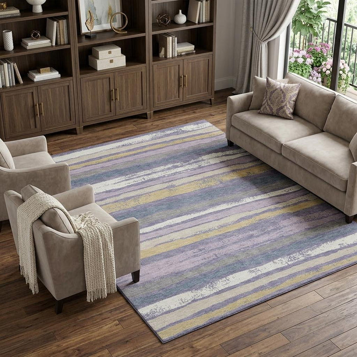10' X 14' Striped Washable Area Rug With UV Protection (680043) - Purple / Gold / Ivory