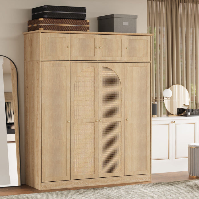 Giga 8-door wardrobe with adjustable shelves and hanging rod, featuring a modern wooden finish and spacious interior.