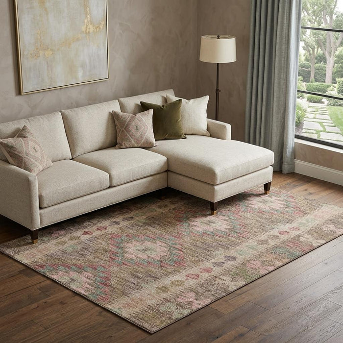 10' X 14' Geometric Washable Area Rug With UV Protection (691824) - Brown / Pink / Teal