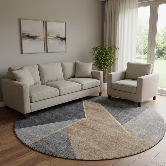 8' Geometric Washable Round Rug With UV Protection (653734) - Charcoal / Gold / Brown