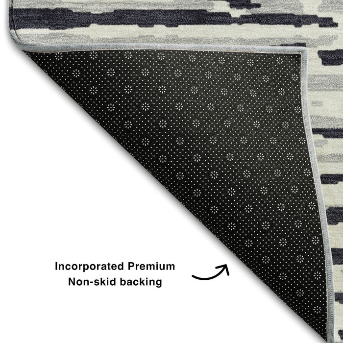 10' X 14' Striped Washable Area Rug With UV Protection (670531) - Black / Ivory