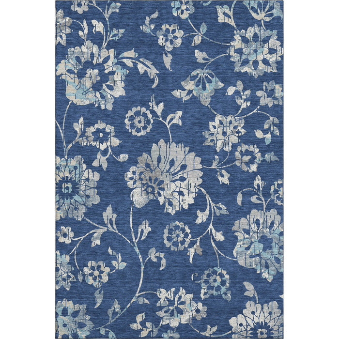 10' X 14' Floral Washable Area Rug With UV Protection (667927) - Navy Blue / Silver