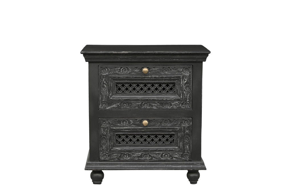 Solid Wood Square Distressed Carved Floral Two Drawer Nightstand - Black