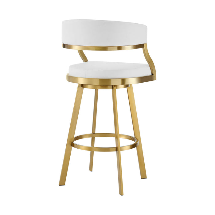 30" Faux Leather And Stainless Steel Low Back Bar Height Swivel Bar Chair - White / Gold