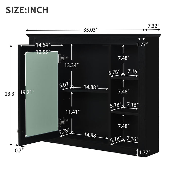 Giga wall-mounted medicine cabinet with mirror, featuring 6 open shelves and adjustable interior storage for bathroom organization.