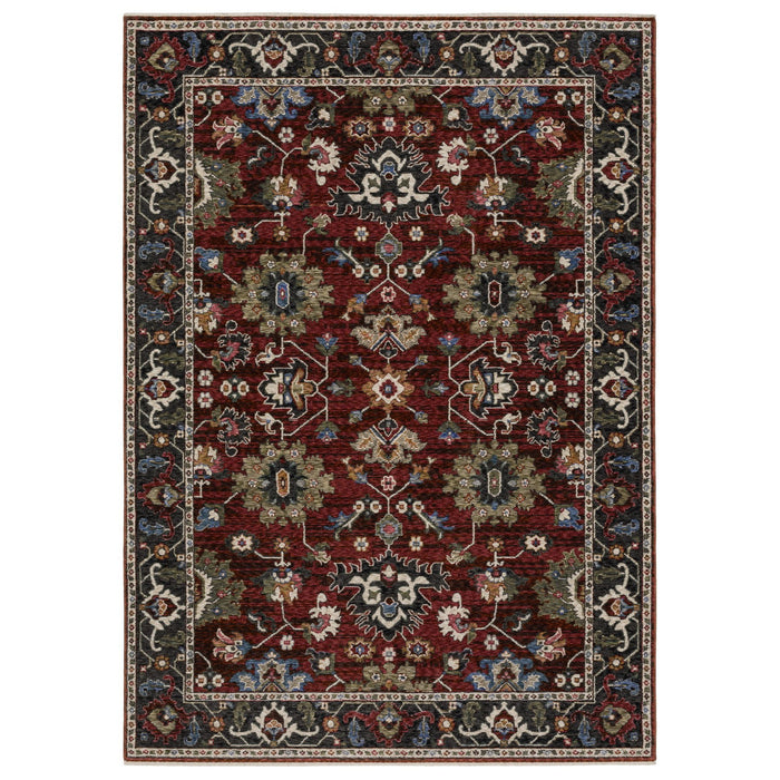 7' X 10' Oriental Area Rug With Fringe - Red And Charcoal