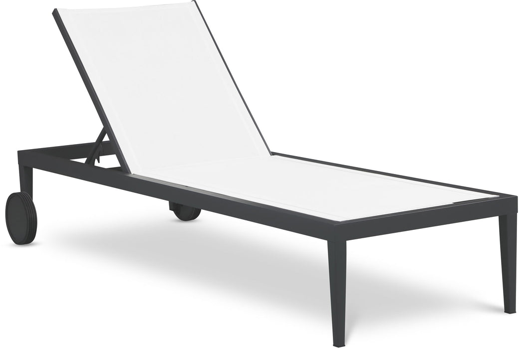 Outdoor Meridian Furniture Nizuc chaise lounge chair with sleek frame and comfortable cushion for outdoor relaxation.