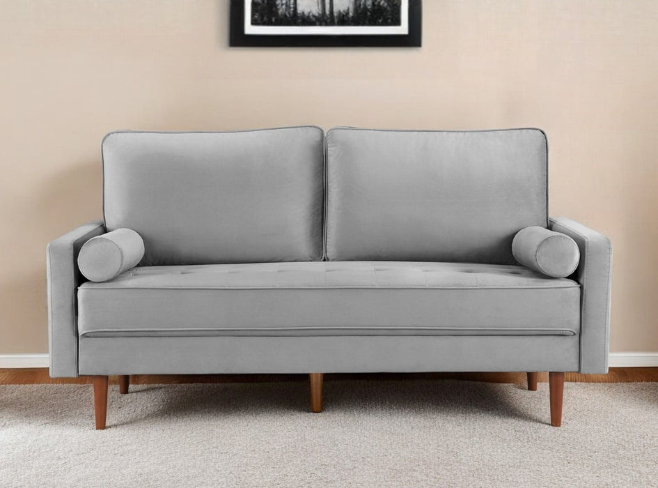 Velvet Sofa And Toss Pillows With Dark Brown Legs - Gray