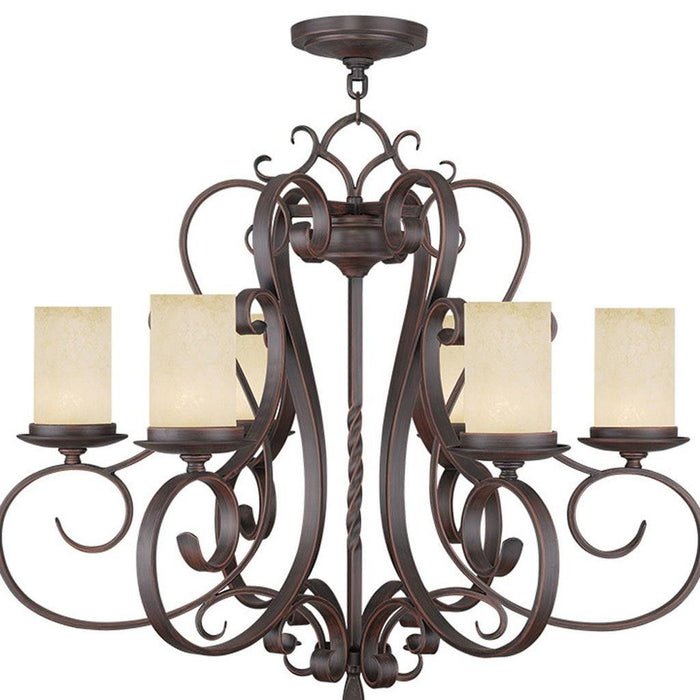 Bronze 27-inch six-light metal chandelier with cream shades and dimmable feature, modern lighting fixture from HomeRoots.