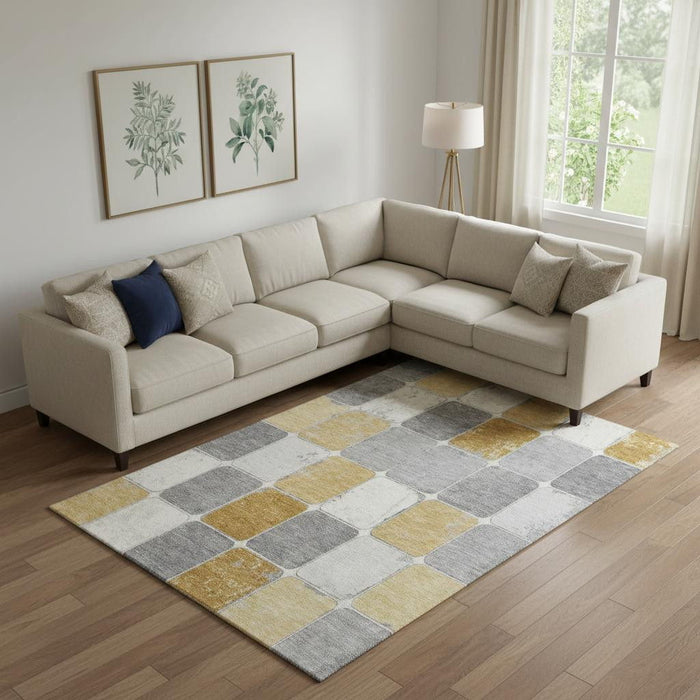 10' X 14' Geometric Washable Area Rug With UV Protection (709120) - Gold / Gray / Ivory