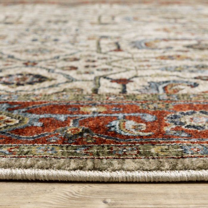 10' x 13' Oriental Power Loom Stain Resistant Area Rug With Fringe - Ivory Red Green Gray Blue And Navy