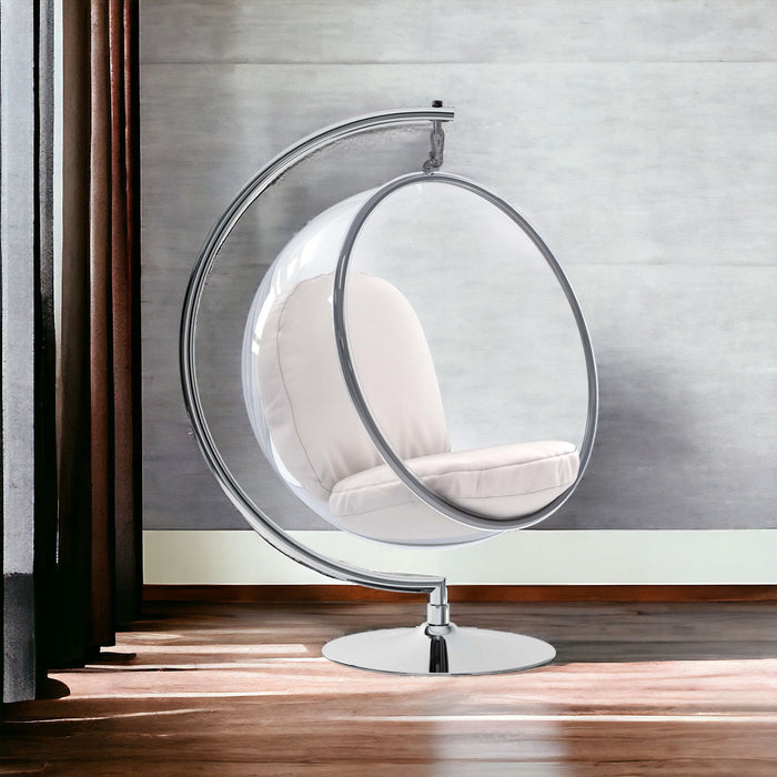 42" Acrylic And Faux Leather Balloon Chair - White And Silver