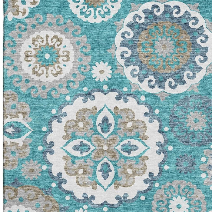 10' X 14' Medallion Washable Area Rug With UV Protection - Teal