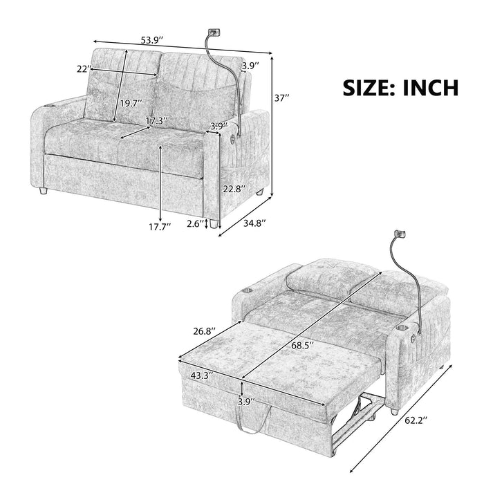 Giga modern loveseat pull-out sofa bed with adjustable backrest, cup holders, phone holder, charging ports, and side storage pockets.