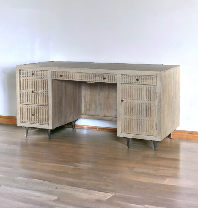 Solid Wood Executive Desk With Five Drawers - Ivory And Silver