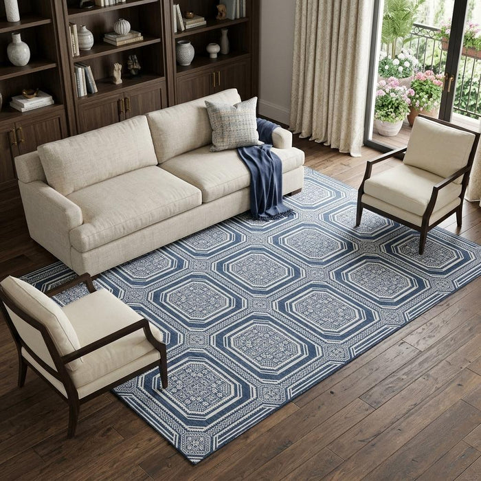 10' X 14' Geometric Washable Area Rug With UV Protection (693816) - Navy Blue / Ivory