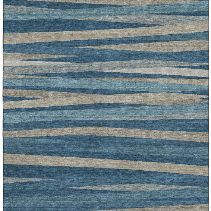 10' X 14' Striped Washable Area Rug With UV Protection (678484) - Denim Blue / Ivory / Beige