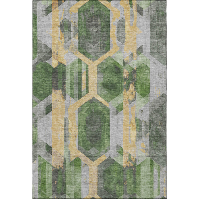 10' X 14' Geometric Washable Area Rug With UV Protection (699112) - Green / Gold / Gray