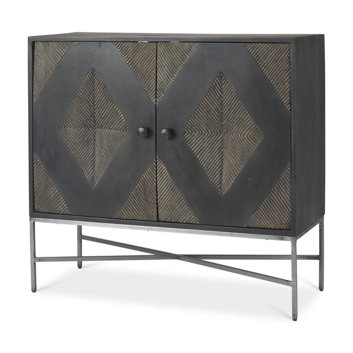 36" Solid Wood And Iron Carved Geometric Accent Cabinet With Two Doors - Dark Brown / Silver